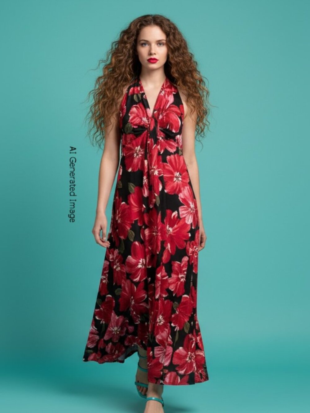 Gigi Halter Red Tropical Floral Resort Wear Beachy Maxi Dress Size 12